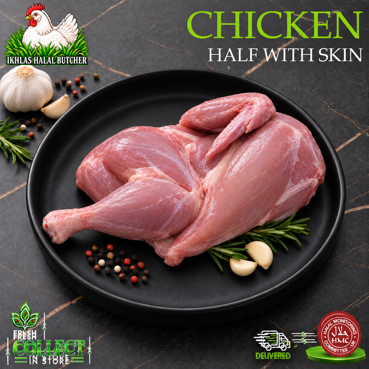 Halal half chicken, skinless, with lemon and rosemary, on a black plate, Ikhlas Halal Butcher, Bradford