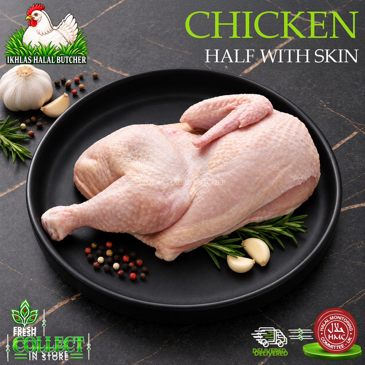 Halal half chicken, skin on, with rosemary and garlic, on a black plate, Ikhlas Halal Butcher, Bradford