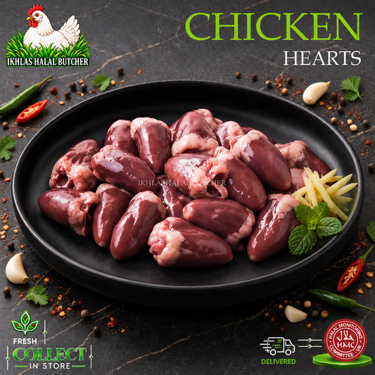 Raw chicken hearts displayed on a black plate with garlic, mint, chili, and spices around it, with the text 'CHICKEN HEARTS' and the Ikhlas Halal Butcher logo on a dark background.