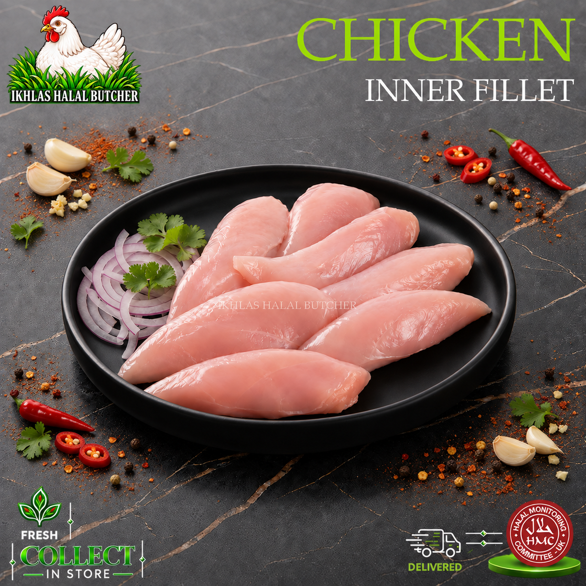 Raw chicken inner fillet slices arranged on a black plate with sliced red onion, parsley, garlic cloves, and chili peppers, set on a dark stone surface. Large text reads 'CHICKEN INNER FILLET' and the Ikhlas Halal Butcher logo appears in the top left.