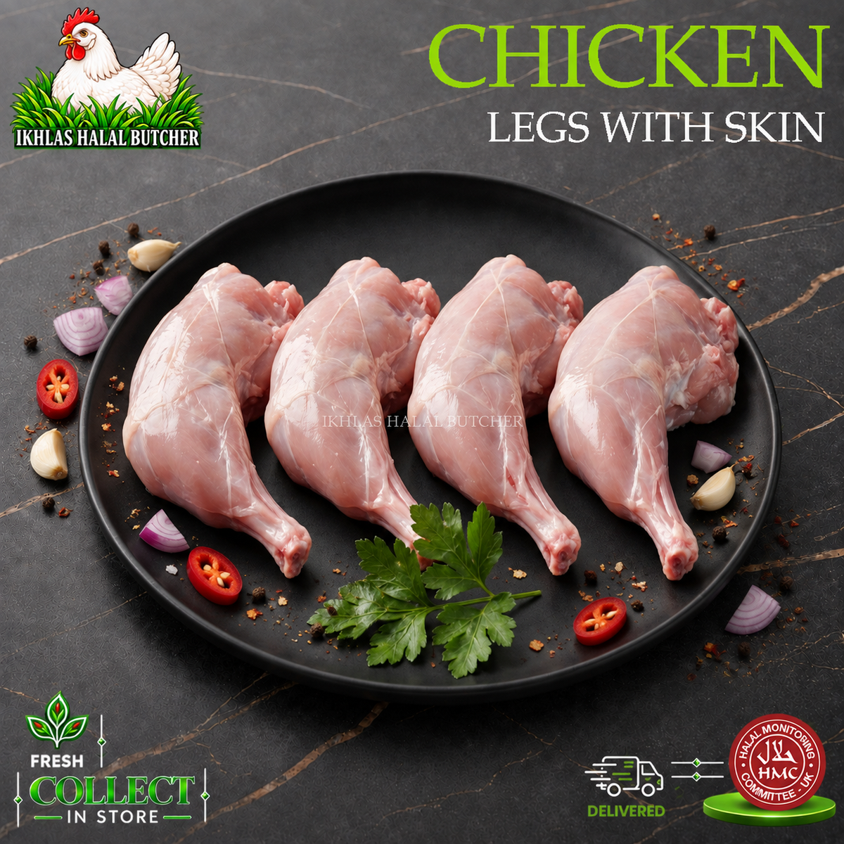 Halal chicken leg quarters, skinless, with parsley and chilli, on a black plate, Ikhlas Halal Butcher, Bradford