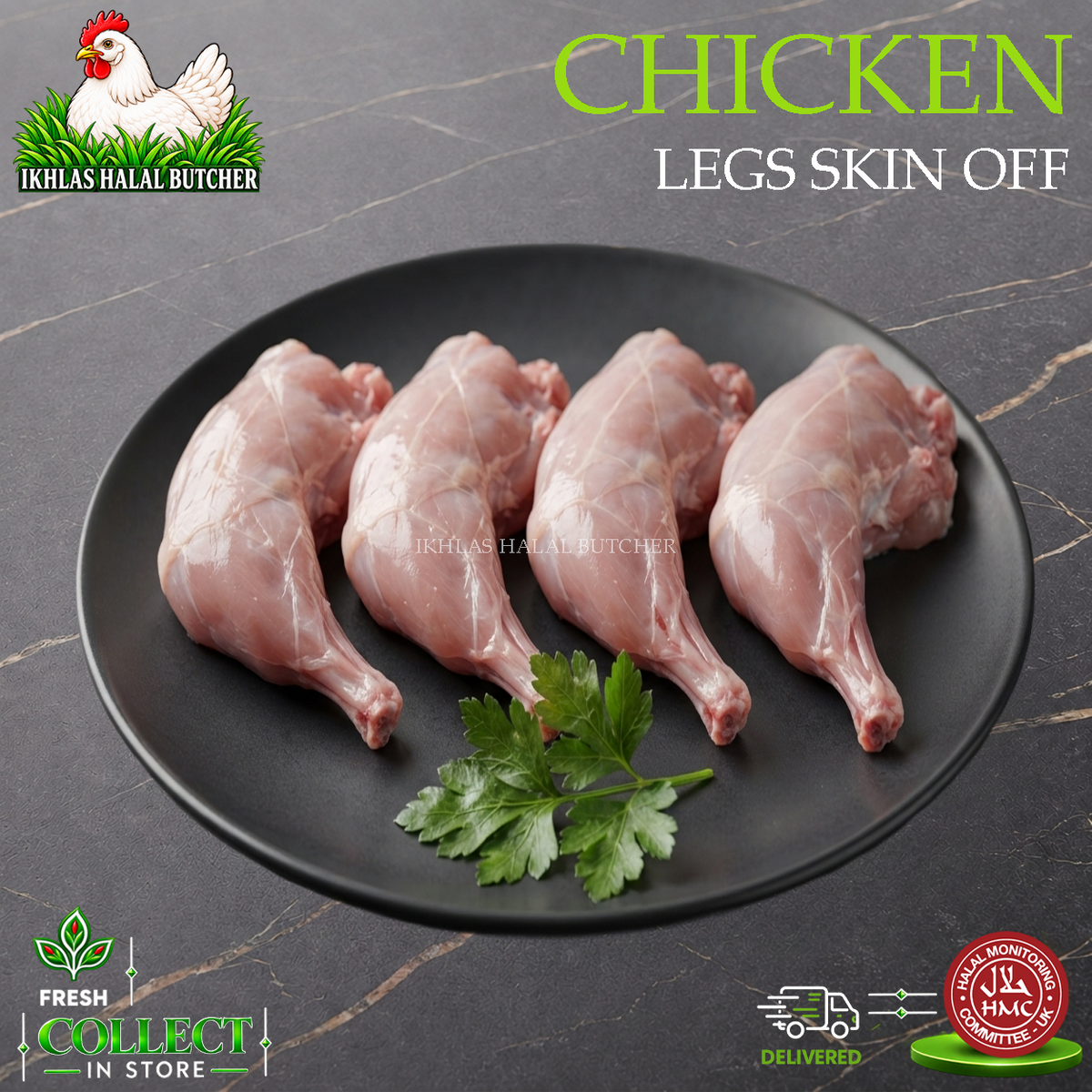 Halal chicken leg quarters, skinless, with parsley, on a black plate, Ikhlas Halal Butcher, Bradford