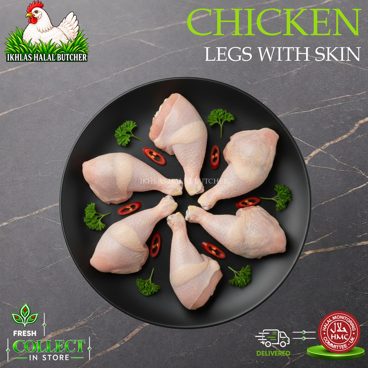 Halal chicken legs with skin on, Ikhlas Halal Butcher, Bradford