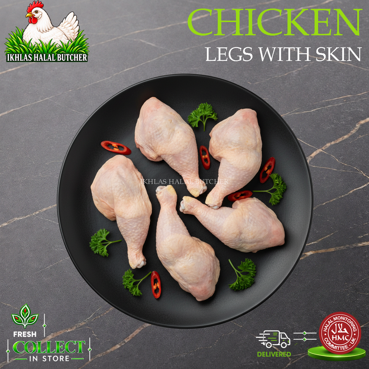 Halal chicken legs with skin on, Ikhlas Halal Butcher, Bradford