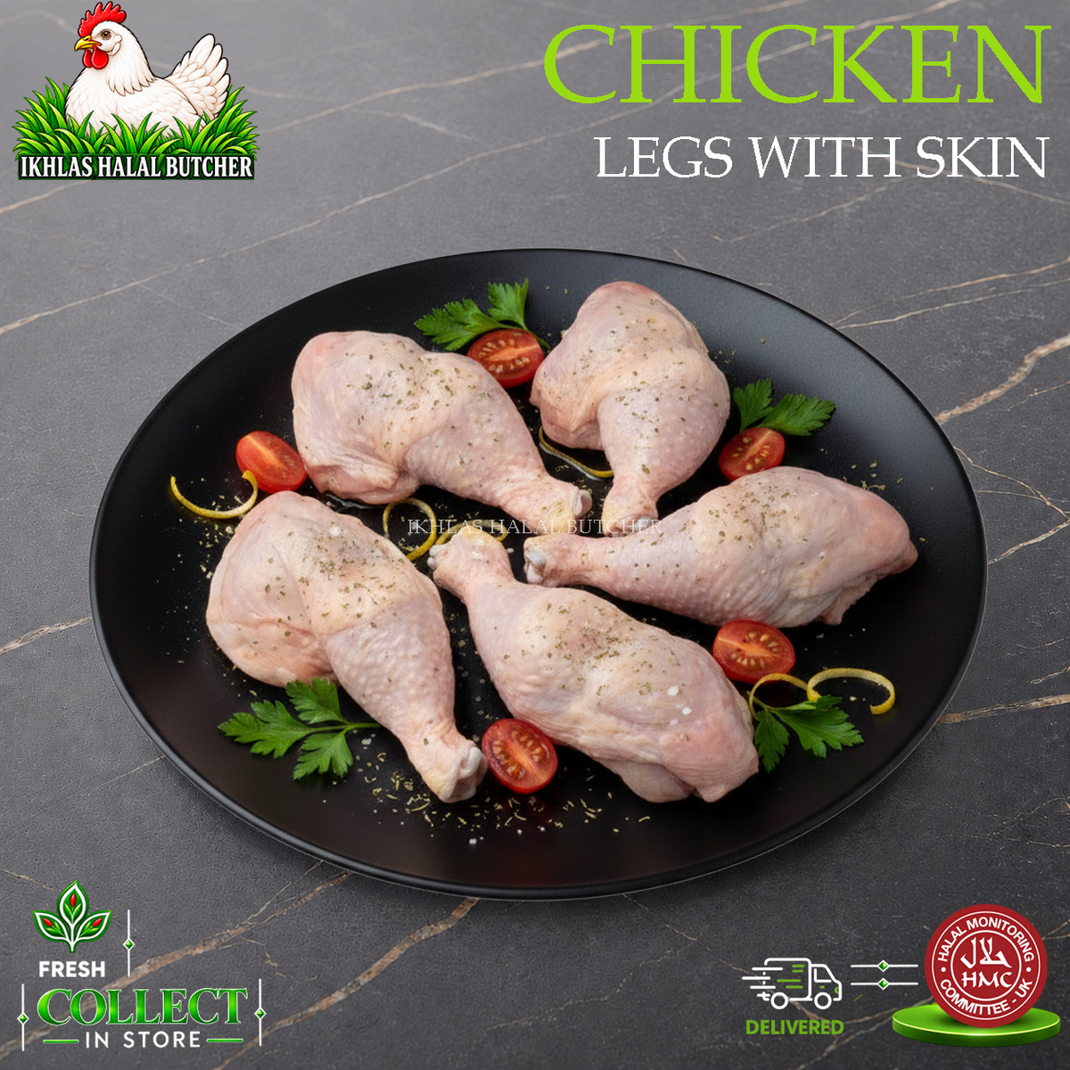 Halal chicken legs with skin on, Ikhlas Halal Butcher, Bradford