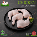 Halal chicken leg quarters, skin on, with lemon and parsley, on a black plate, Ikhlas Halal Butcher, Bradford