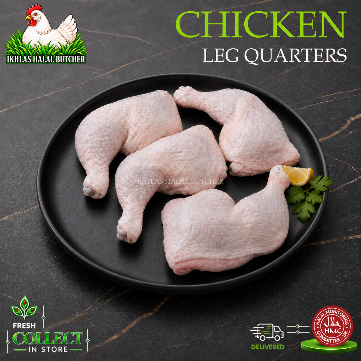 Halal chicken leg quarters, skin on, with lemon and parsley, on a black plate, Ikhlas Halal Butcher, Bradford