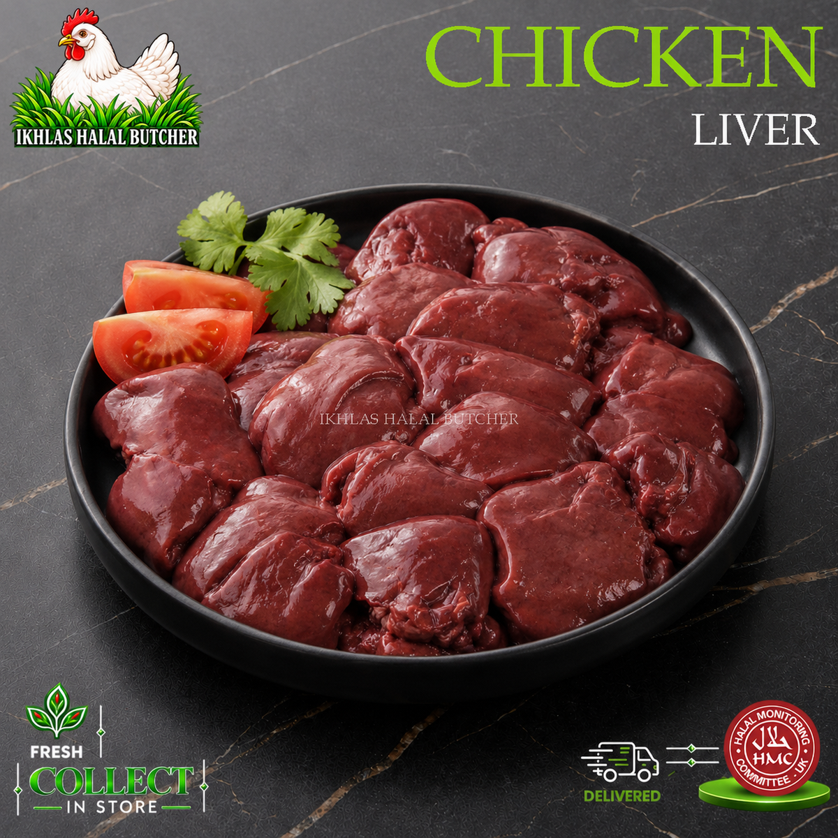 Raw chicken liver slices arranged in a black plate with tomato wedges and cilantro, on a dark marble surface. The image includes the brand logo 'Iqraas Halal Butcher' and text reading 'CHICKEN LIVER'.