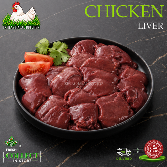 Raw chicken liver slices arranged in a black plate with tomato wedges and cilantro, on a dark marble surface. The image includes the brand logo 'Iqraas Halal Butcher' and text reading 'CHICKEN LIVER'.