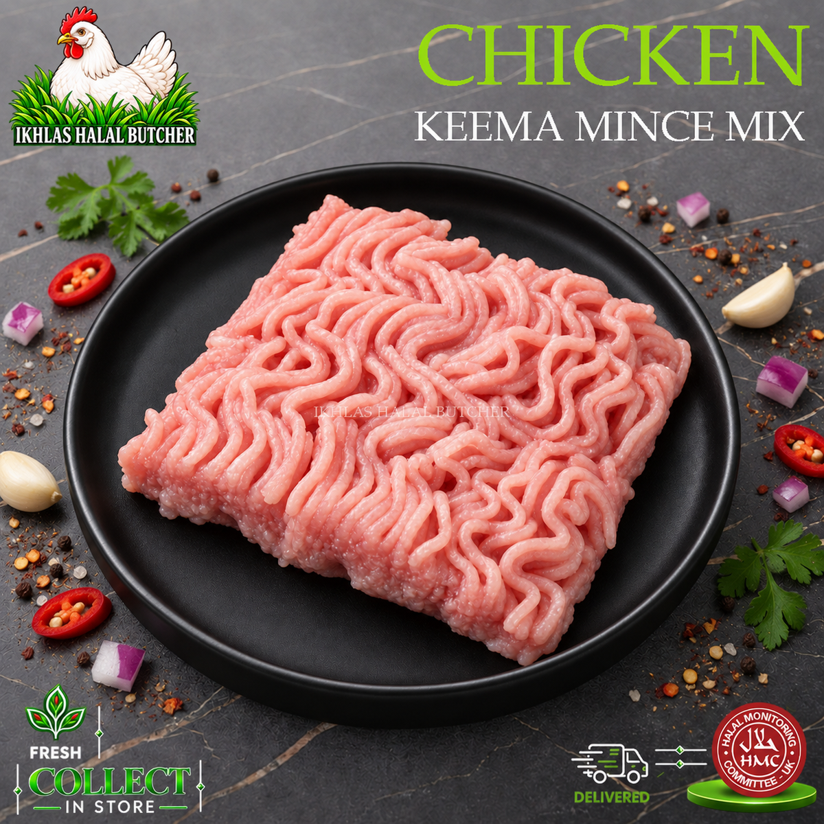 A square black plate holding pink minced chicken keema, surrounded by food ingredients like parsley, garlic, red chili, onion, and peppercorns on a dark stone surface. Large text at the top reads 'CHICKEN KEEMA MINCE MIX' and the top-left logo shows 'Ikhlas Halal Butcher'.