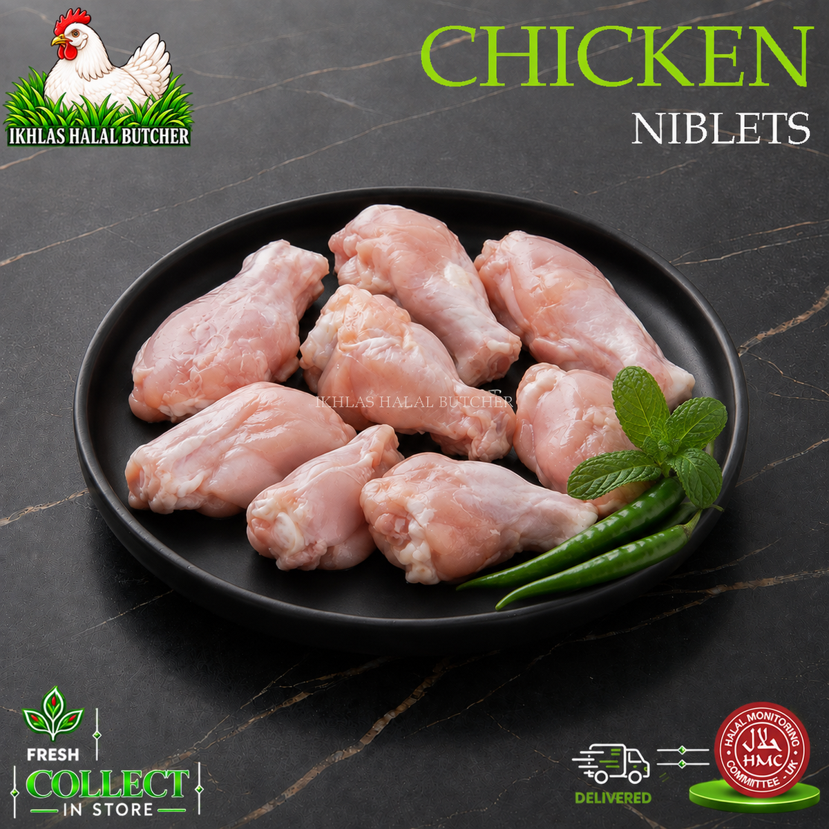 Raw chicken niblets on a black plate with mint and green chilies, with branding for Ikhlas Halal Butcher and a Collect in Store logo on a dark marble background.