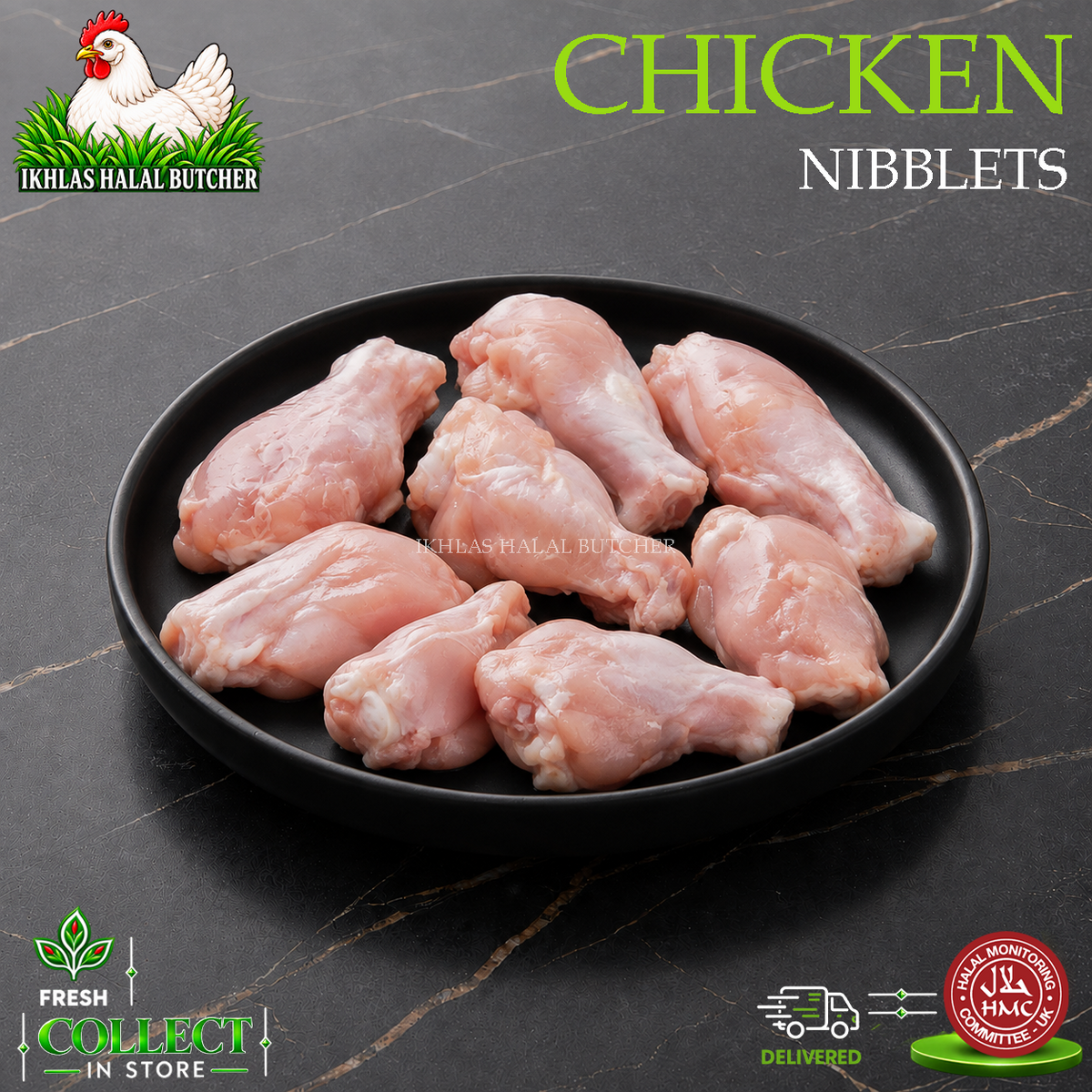 Raw chicken nuggets arranged on a black plate against a dark marble-patterned background, with the text 'CHICKEN NIBBLETS' at the top and Iqbal's Halal Butcher branding in the corners.