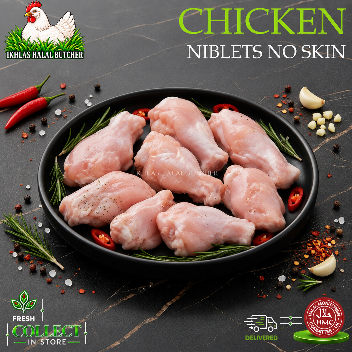 Raw chicken nuggets presented on a black plate with rosemary and chili garnish, set on a dark marble surface. The image includes branding for 'Ikhlas Halal Butcher' and promotional badges for 'Fresh Collect in Store' and 'HACCP Certified'.