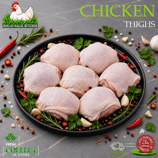 Six raw chicken thighs arranged on a black plate with herbs, garlic cloves, peppercorns, and red chili peppers, set on a gray stone surface. The image includes branding and promotional text for Ikhlas Halal Butcher.