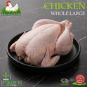 A whole raw chicken displayed on a black plate against a dark marble-patterned background, with promotional text reading 'CHICKEN WHOLE LARGE' and multiple brand/assurance logos around the image.