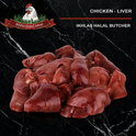 Raw chicken liver pieces piled on a black marble background, with the Ikhlas Halal Meat logo in the top left and text reading 'CHICKEN - LIVER' and 'IKHLAS HALAL BUTCHER' in the top right.
