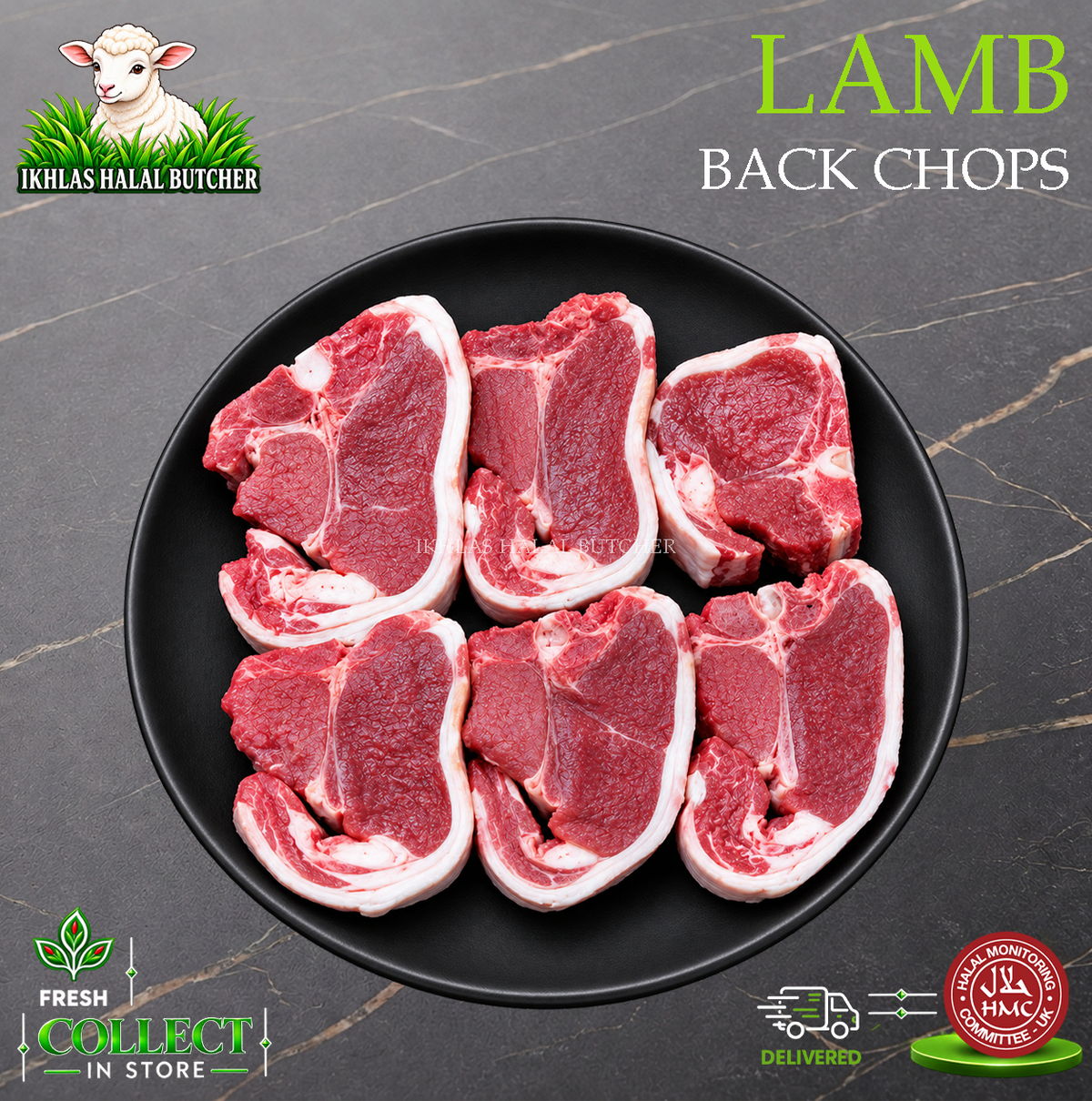 Halal lamb back chops, on a black plate (photo 2), Ikhlas Halal Butcher, Bradford