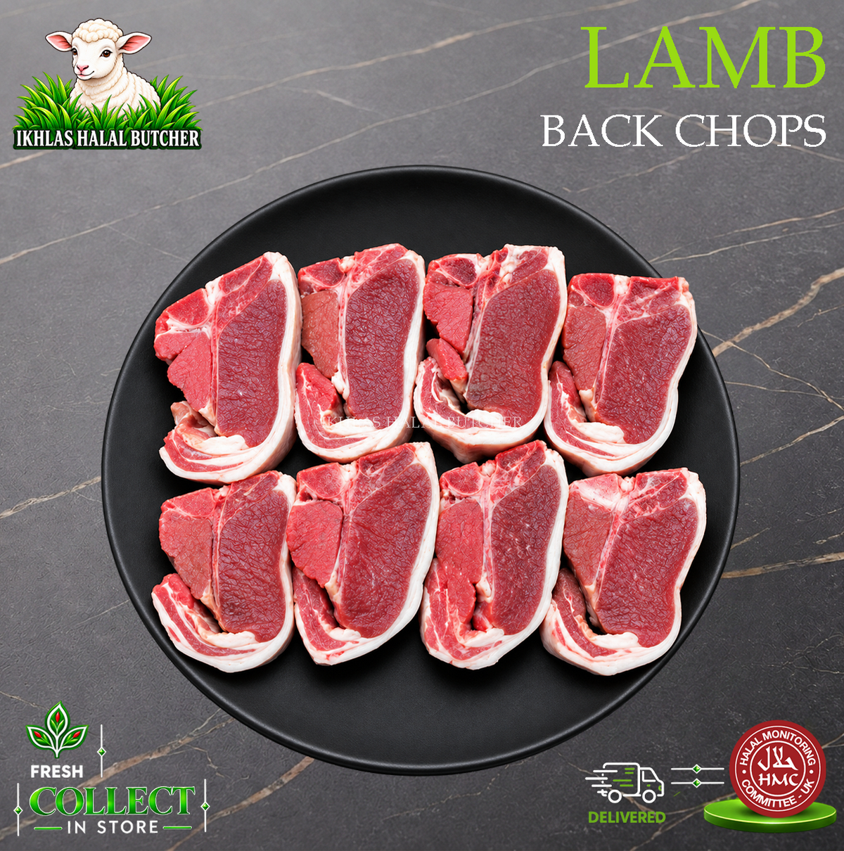 Halal lamb back chops, on a black plate (photo 3), Ikhlas Halal Butcher, Bradford