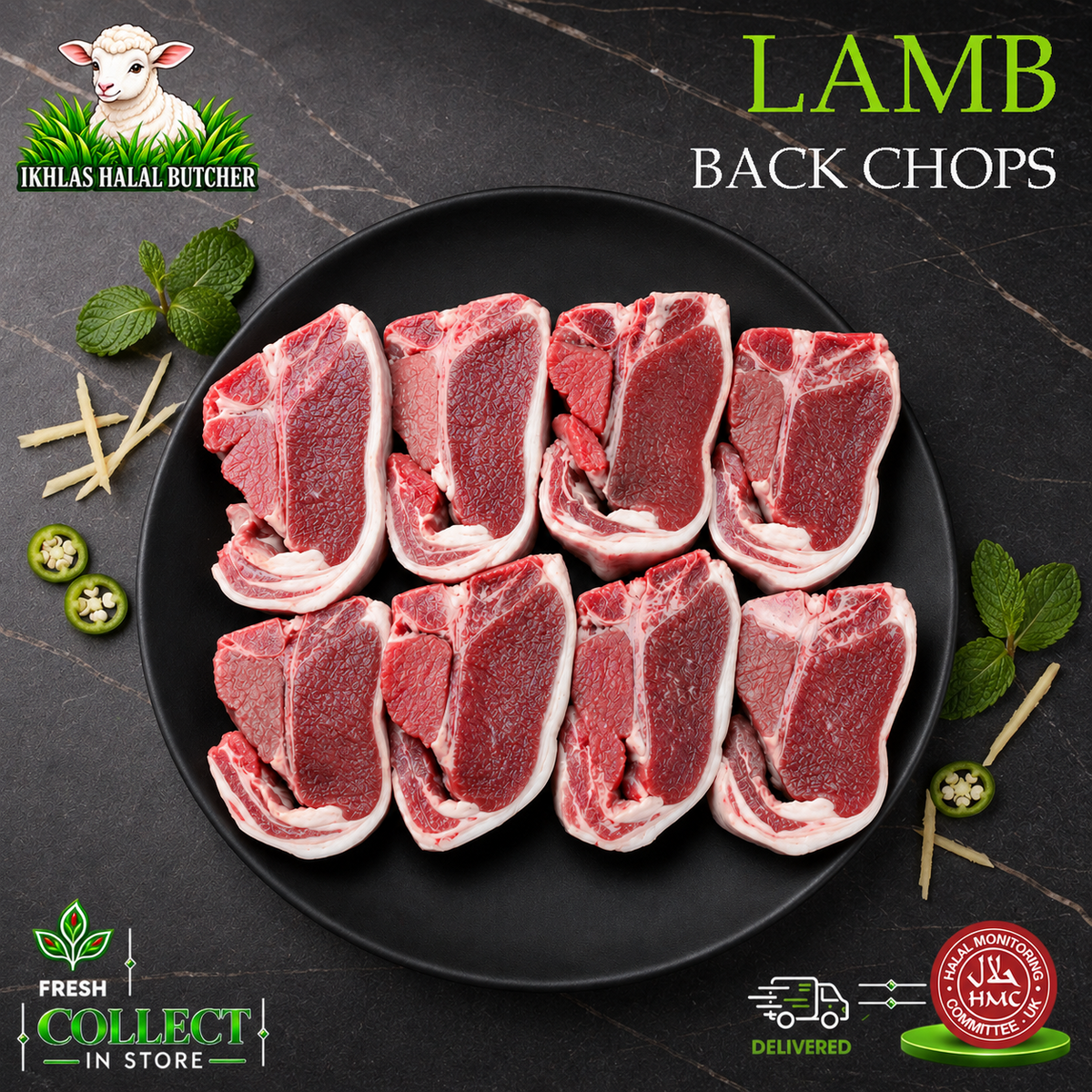 Halal lamb back chops, with mint and chilli, on a black plate, Ikhlas Halal Butcher, Bradford