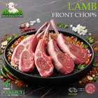 Four raw lamb front chops arranged on a black plate with herbs, garlic, chili peppers, and spices, on a dark stone background. Large text reads 'LAMB FRONT CHOPS' and the Ikhlas Halal Butcher logo appears in the top left.