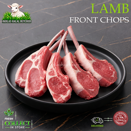 Five raw lamb chops with visible bone ends arranged on a black oval plate, set on a dark marble-like surface. Large text reads 'LAMB FRONT CHOPS,' with the Ikhlas Halal Butcher logo at top left and delivery/quality badges at bottom corners.