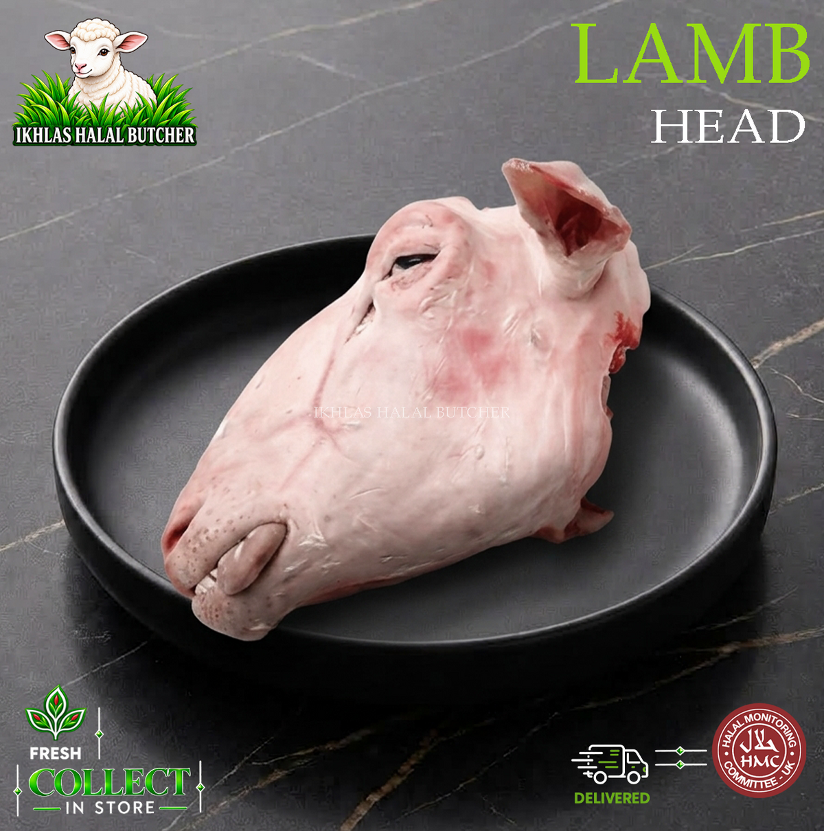 Halal lamb head, on a black plate (photo 1), Ikhlas Halal Butcher, Bradford