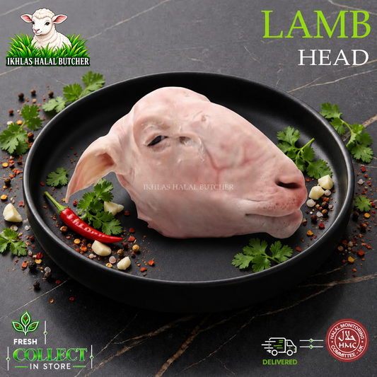 Halal lamb head, with parsley and chilli, on a black plate, Ikhlas Halal Butcher, Bradford