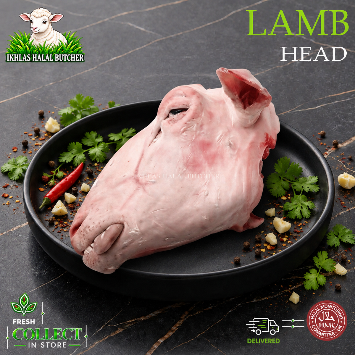 Halal lamb head, with chilli and garlic, on a black plate, Ikhlas Halal Butcher, Bradford