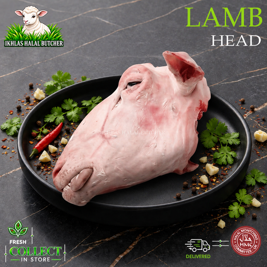 Halal lamb head, with chilli and garlic, on a black plate, Ikhlas Halal Butcher, Bradford