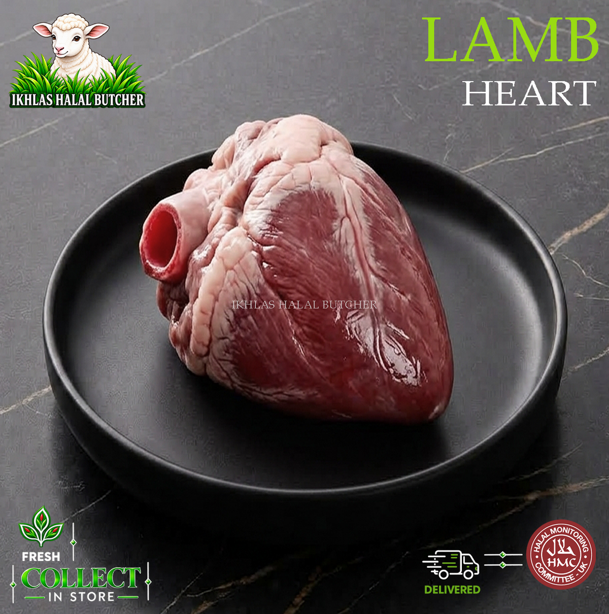 Halal lamb heart, on a black plate, Ikhlas Halal Butcher, Bradford