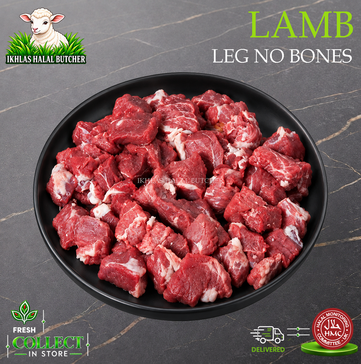 Halal lamb leg diced, boneless, curry cut, Ikhlas Halal Butcher, Bradford