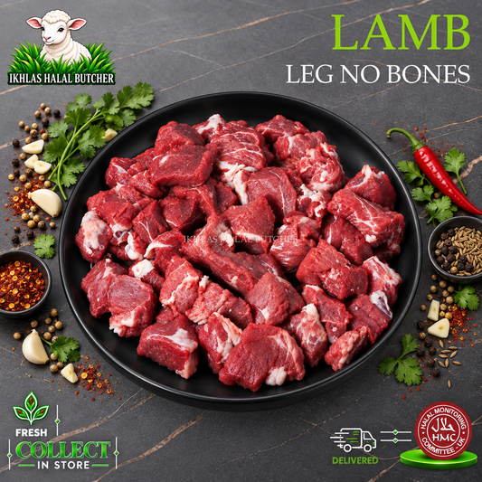 Halal lamb leg diced, boneless, curry cut, with chilli and garlic, on a black plate, Ikhlas Halal Butcher, Bradford