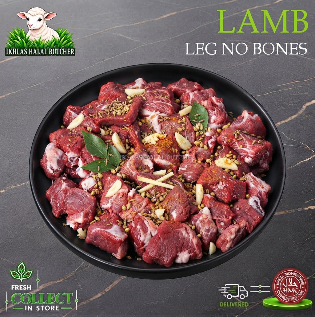 Halal lamb leg diced, boneless, with garlic and spices, Ikhlas Halal Butcher, Bradford