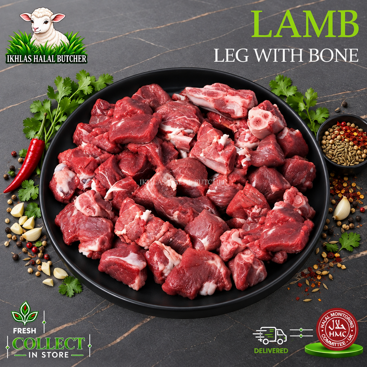 Halal lamb leg diced, on the bone, curry cut, with parsley and chilli, on a black plate, Ikhlas Halal Butcher, Bradford