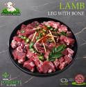 Halal lamb leg diced, on the bone, with mint and chilli, on a black plate, Ikhlas Halal Butcher, Bradford