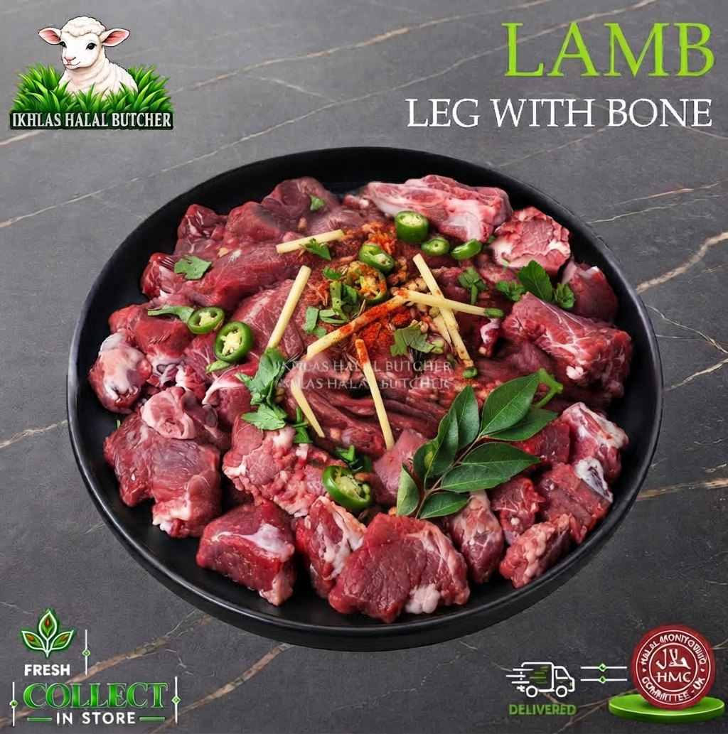 Halal lamb leg diced, on the bone, with mint and chilli, on a black plate, Ikhlas Halal Butcher, Bradford