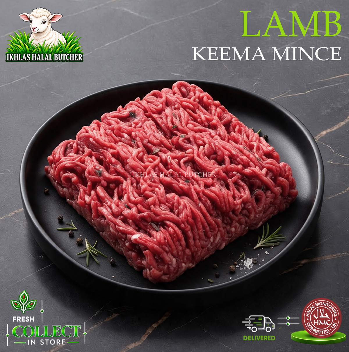 Halal lamb mince, on a black plate, Ikhlas Halal Butcher, Bradford