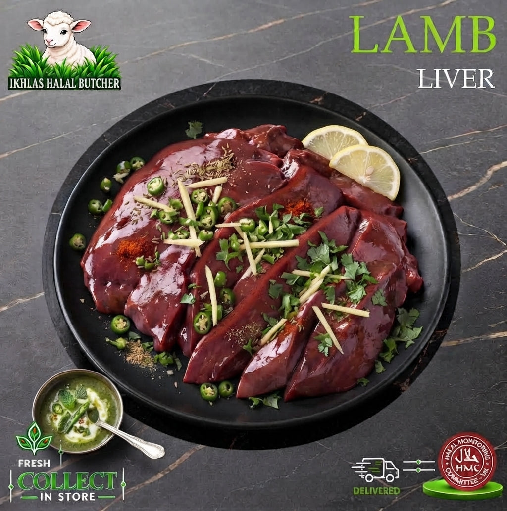 Halal lamb liver, with lemon and chilli, on a black plate, Ikhlas Halal Butcher, Bradford