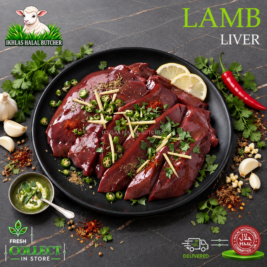 Halal lamb liver, with lemon and parsley, on a black plate, Ikhlas Halal Butcher, Bradford