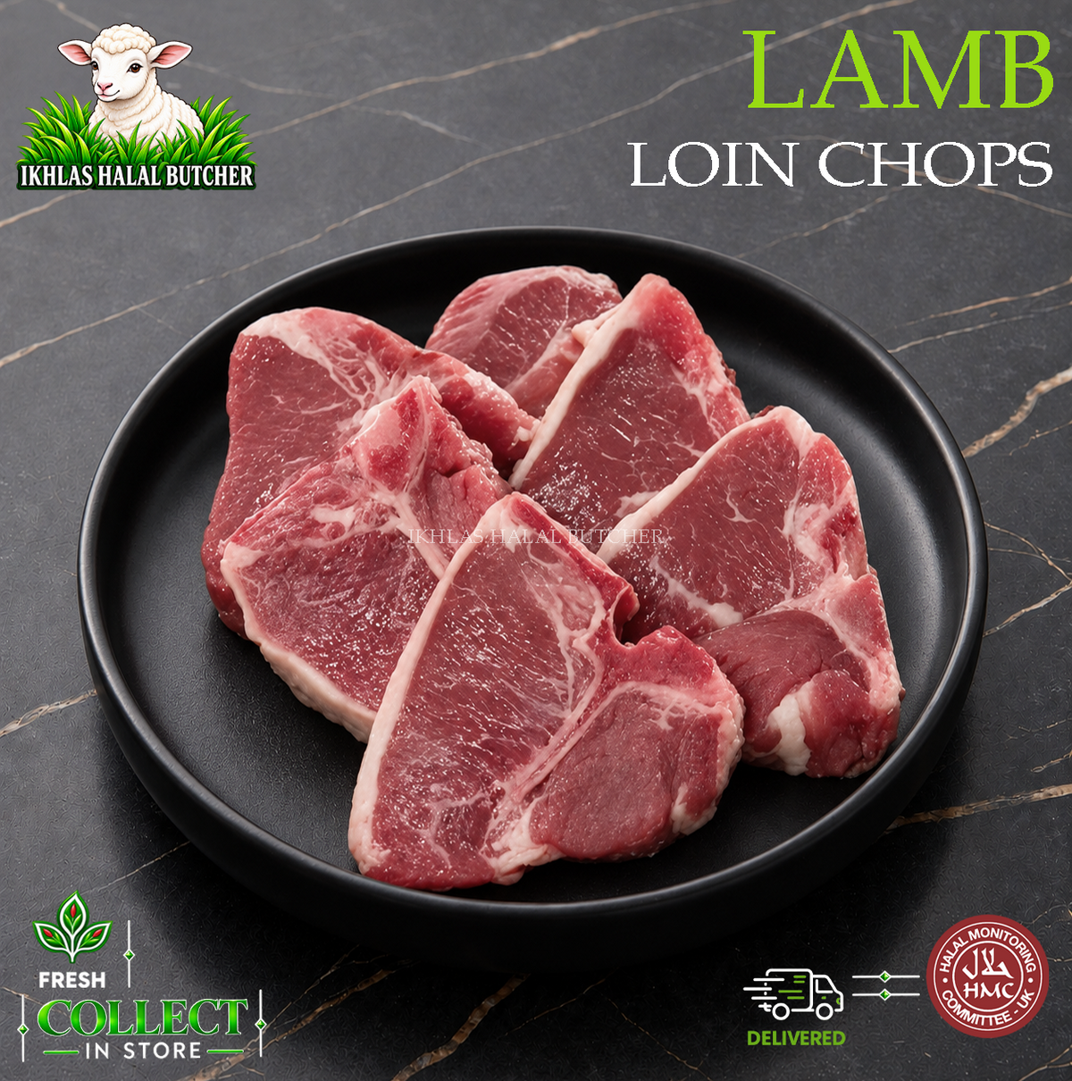 Halal lamb back chops, on a black plate (photo 1), Ikhlas Halal Butcher, Bradford