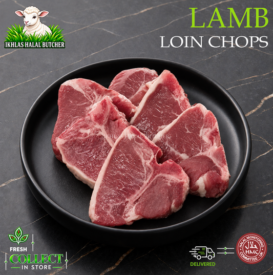Halal lamb back chops, on a black plate (photo 1), Ikhlas Halal Butcher, Bradford