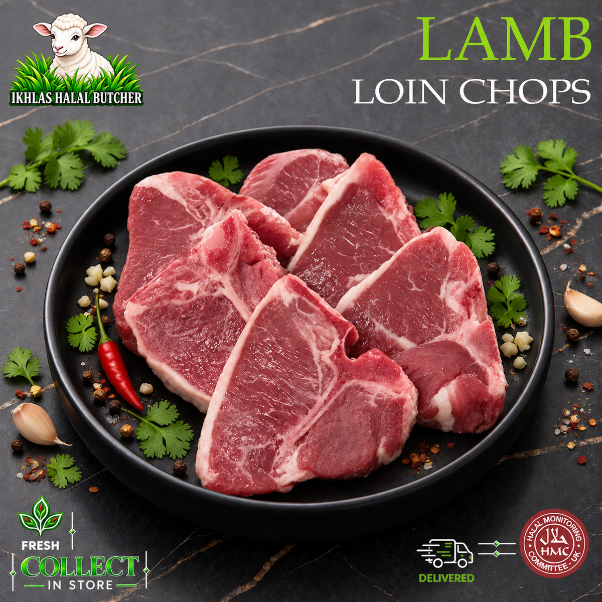 Halal lamb back chops, with parsley and chilli, on a black plate, Ikhlas Halal Butcher, Bradford