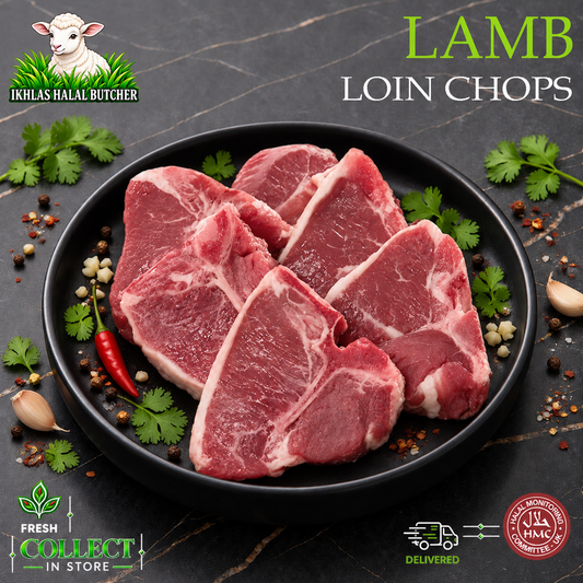 Halal lamb back chops, with parsley and chilli, on a black plate, Ikhlas Halal Butcher, Bradford