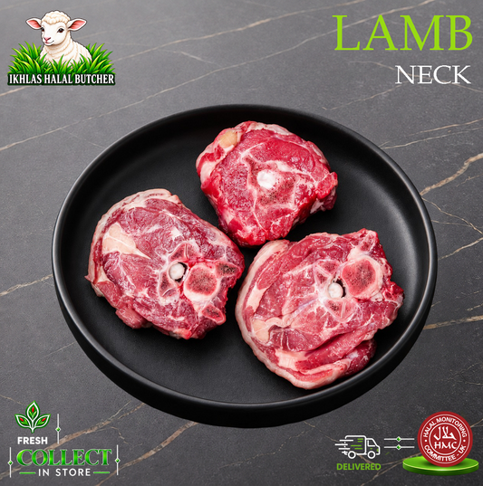Halal lamb neck, on a black plate (photo 1), Ikhlas Halal Butcher, Bradford