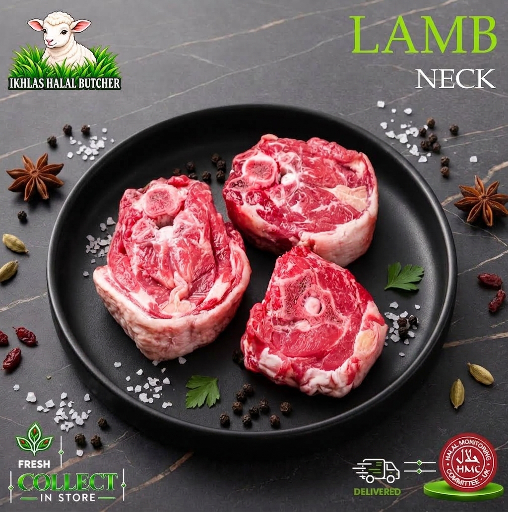 Halal lamb neck, with peppercorns and herbs, on a black plate, Ikhlas Halal Butcher, Bradford