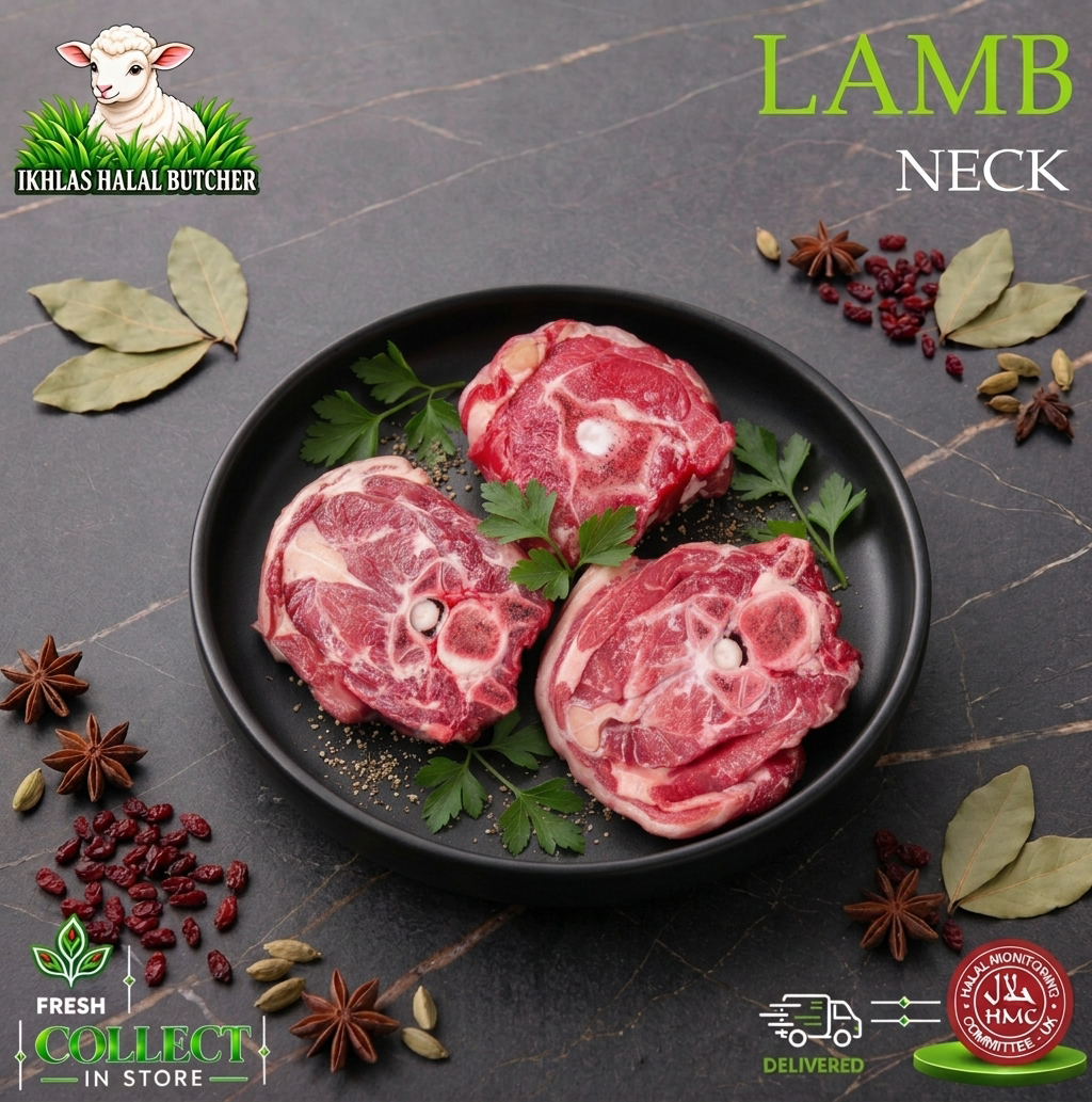 Halal lamb neck, on the bone, with parsley and spices, on a black plate, Ikhlas Halal Butcher, Bradford