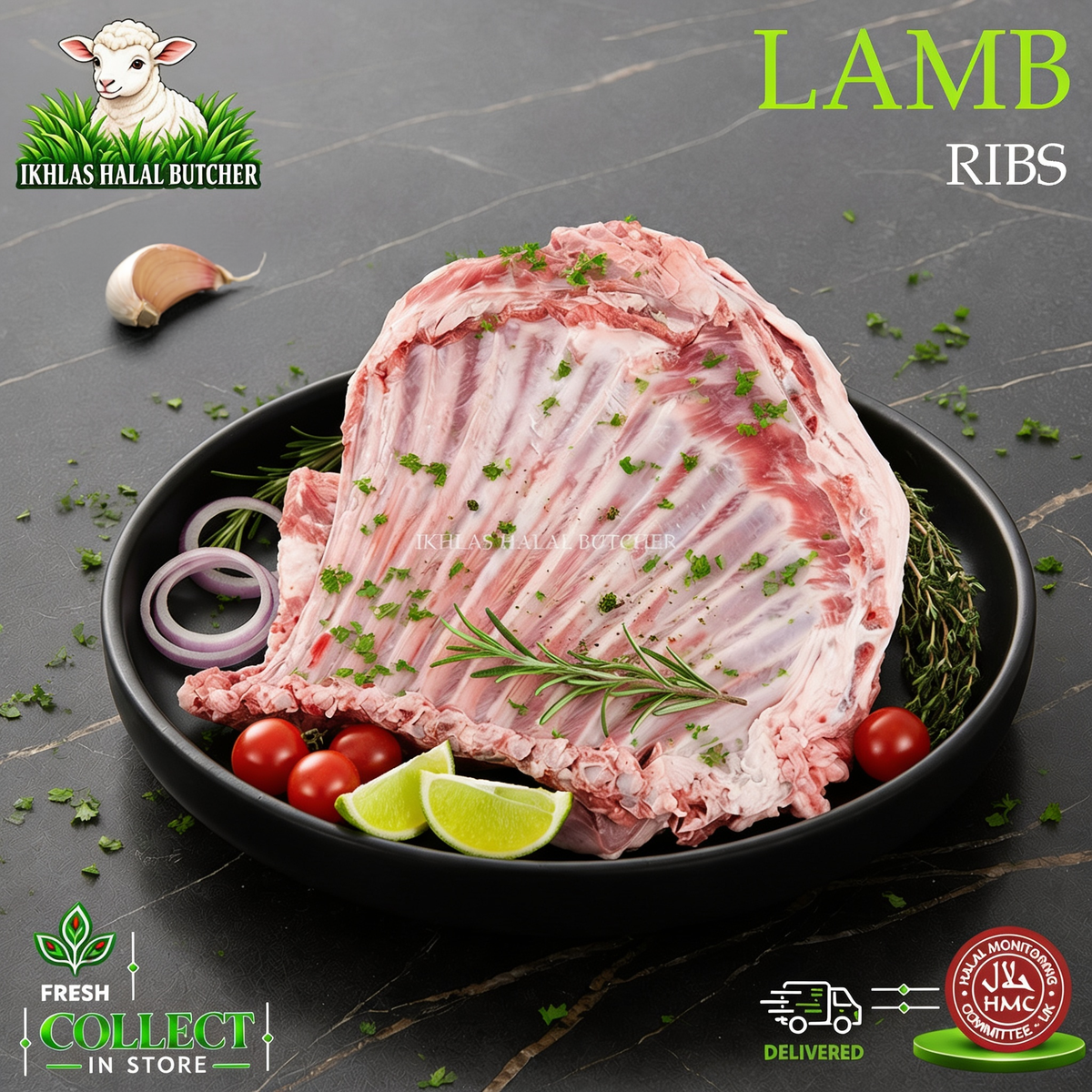 Halal lamb ribs, with lime and rosemary, on a black plate, Ikhlas Halal Butcher, Bradford