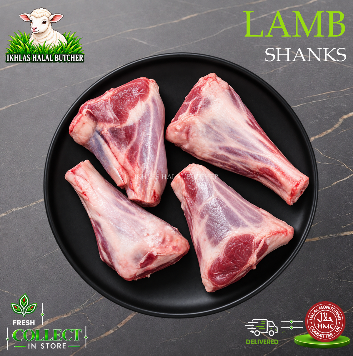 Halal lamb shank, on a black plate, Ikhlas Halal Butcher, Bradford