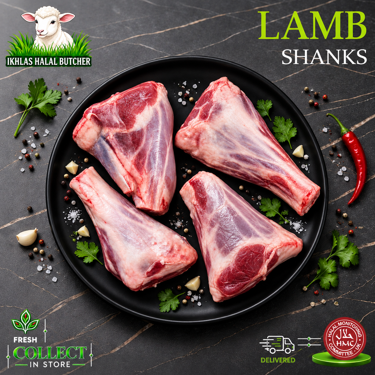 Halal lamb shank, with chilli and peppercorns, on a black plate, Ikhlas Halal Butcher, Bradford