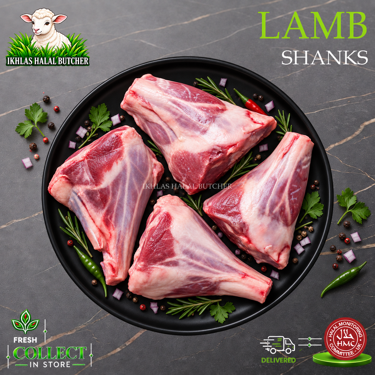 Halal lamb shank, on the bone, with onion and peppercorns, on a black plate, Ikhlas Halal Butcher, Bradford